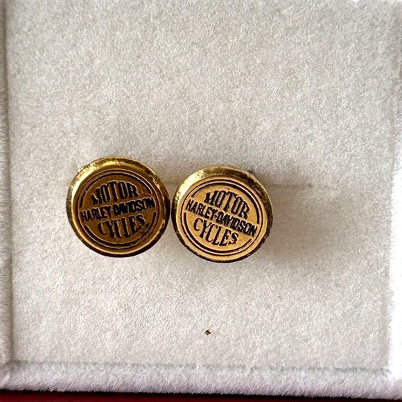 Harley Davidson Stud Post Earrings Round Circle Gold Tone Metal Biker Jewelry - Picture 1 of 15